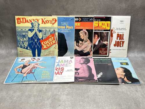 Ten soundtrack vinyl records, including Magnificent Obsession, The Court Jester