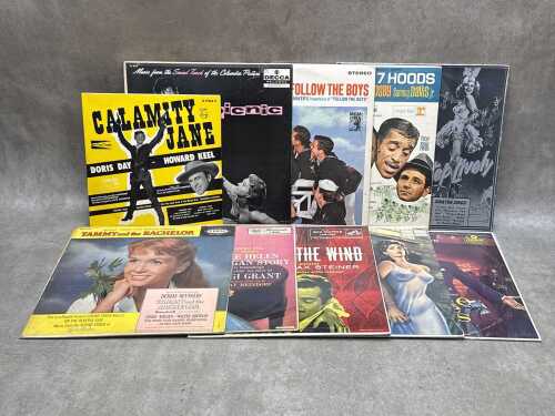 Ten soundtrack vinyl records, including Calamity Jane, Picnic
