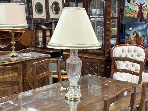 Fluted pressed glass table lamp with cream fabric shade