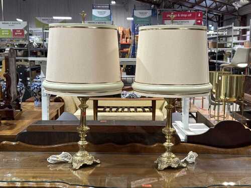 Pair of French-style brass ornate table lamps with cream and gold shades