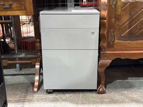Grey metal three-drawer mobile office cabinet