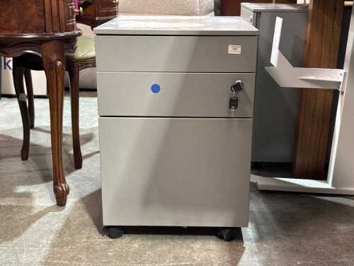 Grey metal three-drawer mobile office cabinet
