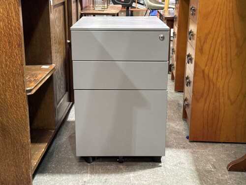 Grey metal three-drawer mobile office cabinet