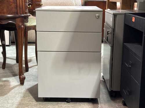 Grey metal three-drawer mobile office cabinet