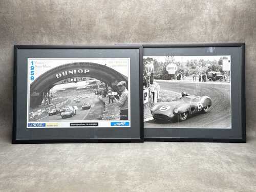 Pair of framed black and white motor racing poster prints