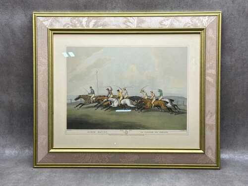 After Samuel Howitt, Horse Racing/La Course de Chevaux. Print on paper in damask and timber frame