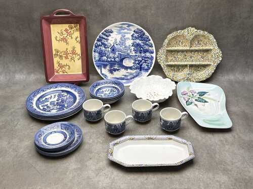 Assorted porcelain including Churchill Willow pattern, Royal Doulton serving dish, Wilkinson sandwich plate, etc.