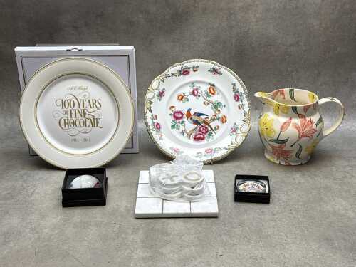 Assorted decorative items including porcelain platters, marble noughts & crosses game,