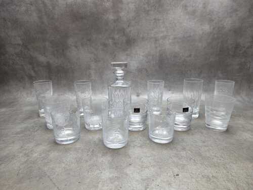 Thirteen Royal Doulton tumblers, together with Stuart crystal decanter