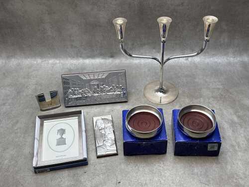 Group of metal homewares including Wedgwood