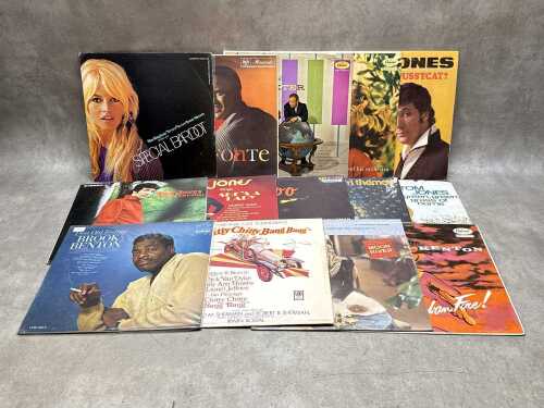 Fourteen Swinging '60s vinyl records, including Brigitte Bardot and Harry Belafonte