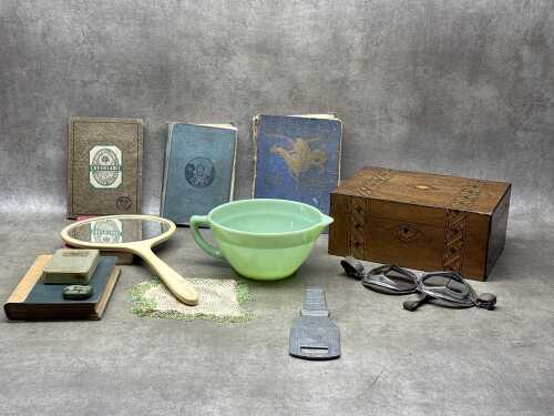 Driving goggles, inlaid marquetry timber box, Castrol bottle opener, etc