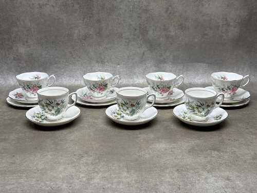 Seven English porcelain trios and duos, including Royal Albert 'Lily of the Valley'