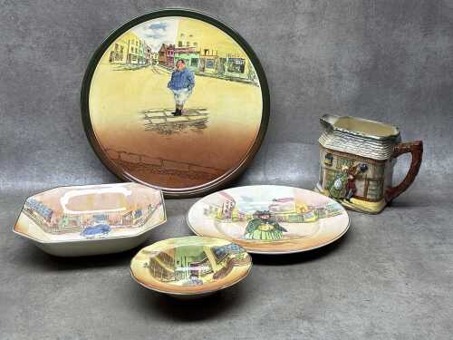 Royal Doulton Charles Dickens series ware including The Fat Boy charger and bowl, Old Curiosity Shop jug and Sairey Gamp