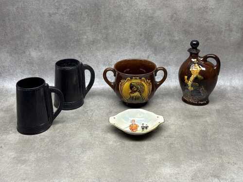 Royal Doulton porcelain items including brown ware and leather-look beer tankards