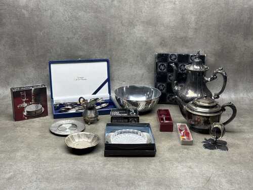 Silver plate and metalware, including Don Sheil Brutalist metal bowl