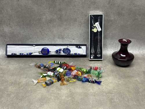 Art glass assorted items including Venetian 'lollies' and bead necklace, icicles, etc.,