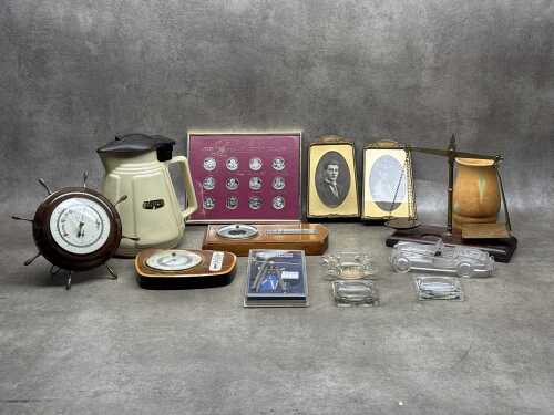 Assorted items including barometers, Speedy electric jug, brass balance scales, etc.