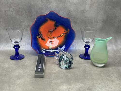 Group of art glass including Aemonn Vereker fluted bowl, Czech 'penguin' vase and letter opener, etc
