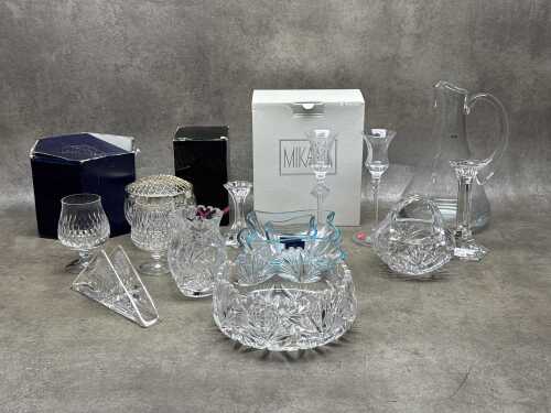 Crystal servingware and drinkware including Orrefors bowl, Krosno water jug, Stewart Shaftesbury rose bowl, etc.