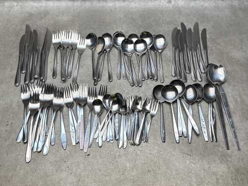 Assorted retro stainless steel cutlery including mini Rodd Splayds