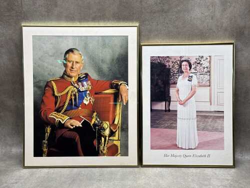 Queen Elizabeth II and Prince Charles (2). Two framed prints on paper
