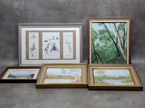 Five framed artworks, mostly small signed landscape oil paintings