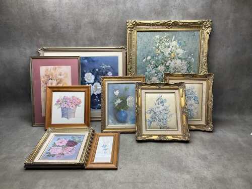 Group of still life floral art including 2x original scrylic paintings and several prints