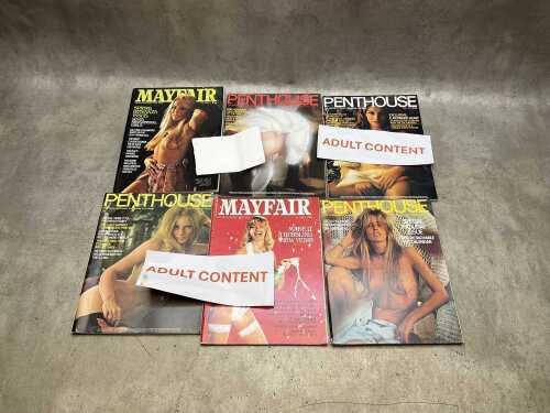 Seven vintage Penthouse and Mayfair adult magazines, c. 1973-1981