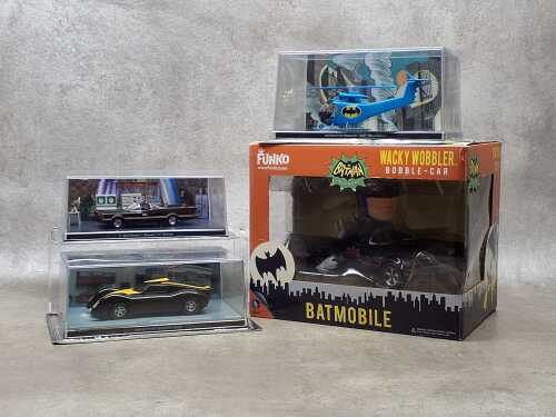 Funko Wacky Wobbler Bobble Car and three Eaglemoss Batman collectible die-cast Automobilia