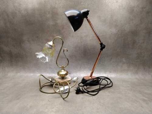 Two table lamps including an articulated desk lamp and an onyz and brasss bedside lamp