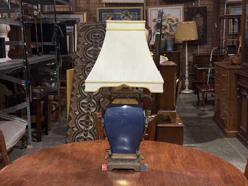 Ceramic table lamp with applied metal handles and gilded meander bands