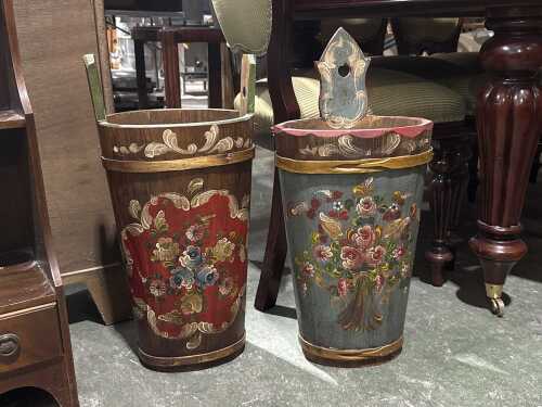 Vintage timber umbrella stands hand-painted with Rosem&aring;ling design