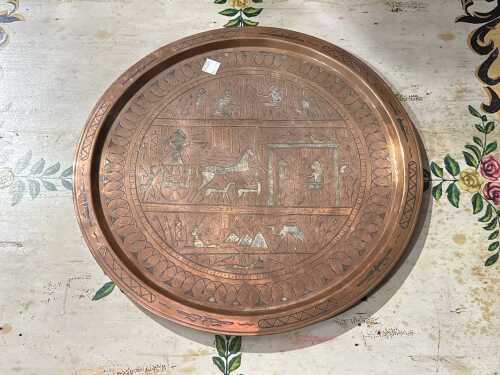 Egyptian Revival copper and silver-toned inlay wall charger