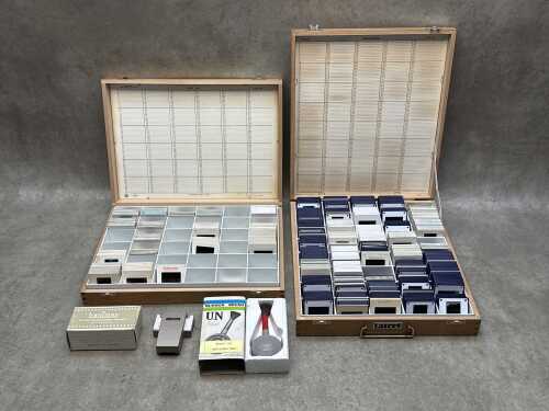 Two timber photographic slide storage boxes and accessories