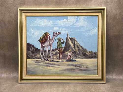 B. Giancotti, desert scene with camel, boy and man. Oil painting on canvas