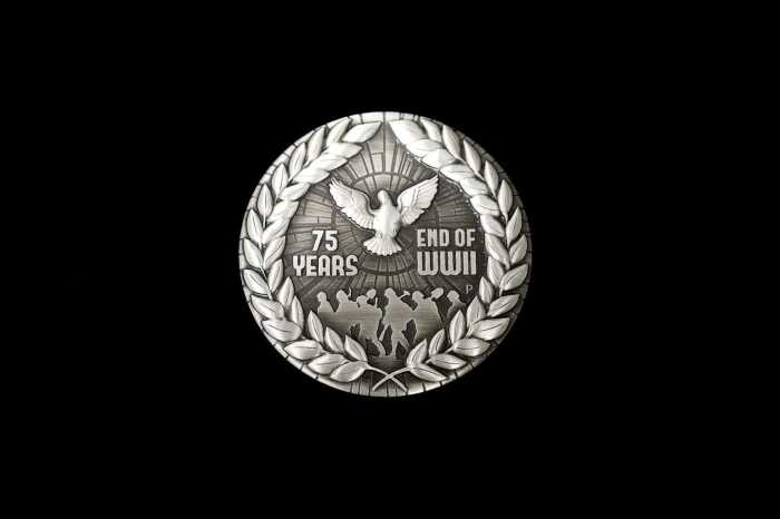 2020 75th Anniversary of the End of WWII $2 0.999 silver antiqued coin, 2 troy ounces
