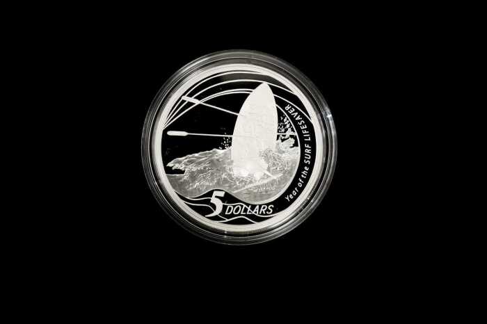 2007 Year of the Surf Lifesaver $5 0.999 silver proof coin, 36.31 grams