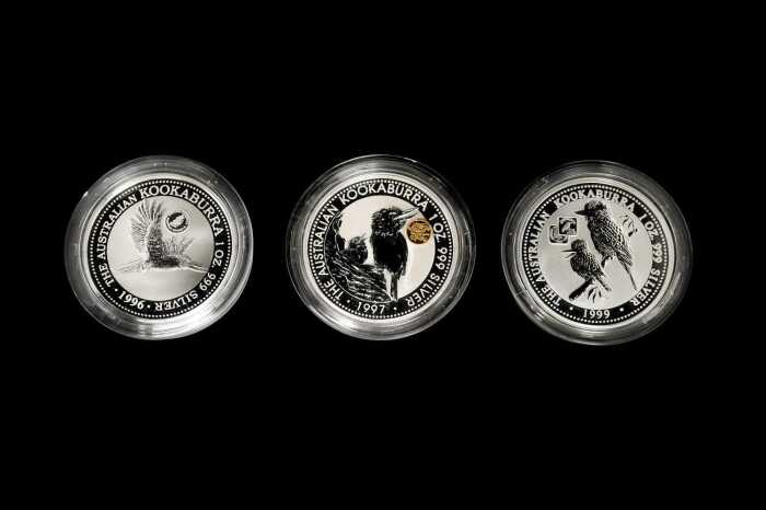 Three The Australian Kookaburra 0.999 silver bullion coins totalling 3 troy ounces