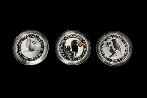 Three The Australian Kookaburra 0.999 silver bullion coins totalling 3 troy ounces
