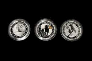 Three The Australian Kookaburra 0.999 silver bullion coins totalling 3 troy ounces