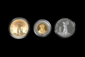 2001 Sir Donald Bradman commemorative coin set in 0.999 gold, 0.999 silver and aluminium bronze