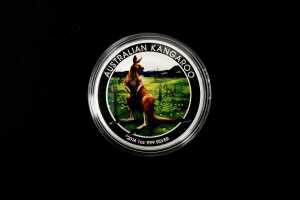 2014 World Money Fair Coloured Kangaroo $1 0.999 silver coin, 1 troy ounce