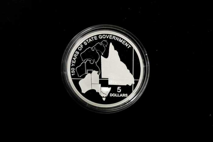 2009 Queensland 150 Years of State Government $5 0.999 silver proof coin, 36.31 grams