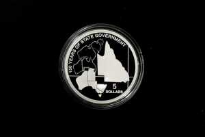 2009 Queensland 150 Years of State Government $5 0.999 silver proof coin, 36.31 grams