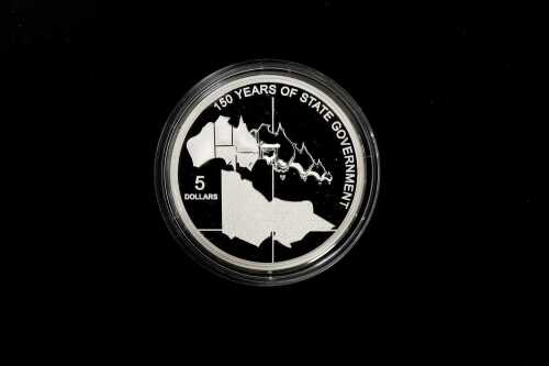 2006 Victoria 150 Years of State Government $5 fine 0.999 silver proof coin, 36.31 grams