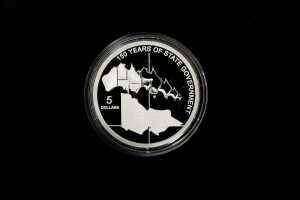 2006 Victoria 150 Years of State Government $5 fine 0.999 silver proof coin, 36.31 grams