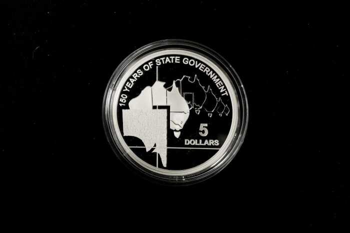 2007 South Australia 150 Years of State Government $5 fine 0.999 silver proof coin, 36.31 grams