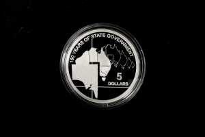 2007 South Australia 150 Years of State Government $5 fine 0.999 silver proof coin, 36.31 grams