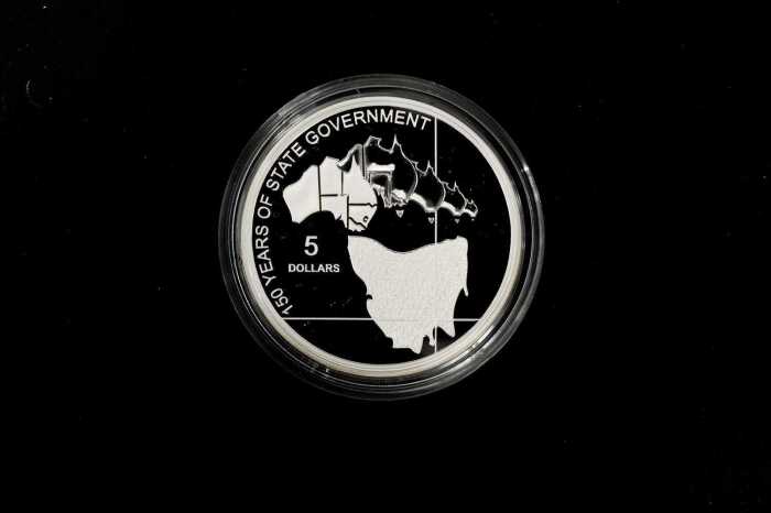 2006 Tasmania 150 Years of State Government fine 0.999 silver proof $5 coin, 36.31 grams